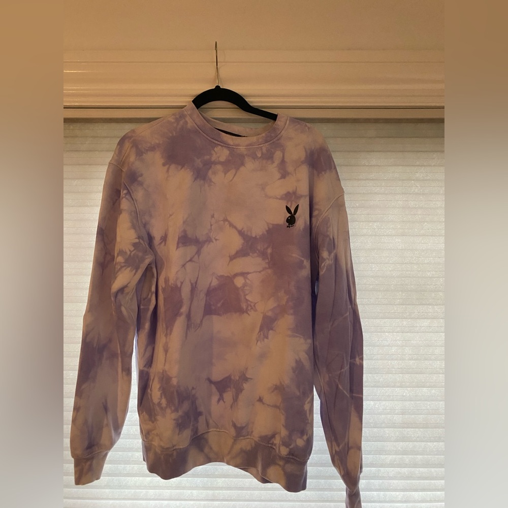 Missguided x playboy purple and white tie die sweatshirt in a size M